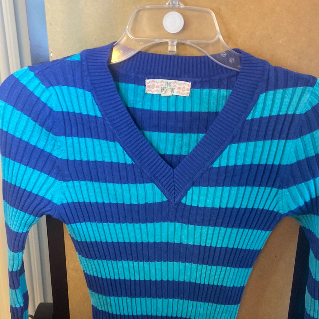 L Jrs Pink Republic Blue Green Striped Ribbed Sweater
